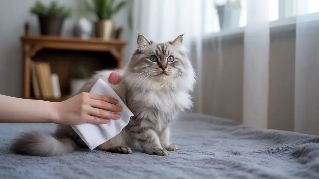 A fluffy Siberian cat sitting on a gray blanket being gently wiped with a white towel