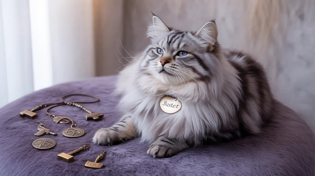 A majestic long-haired Siberian cat with a 'Beset' tag sitting regally on a purple furry surface near antique bronze keys and medallions
