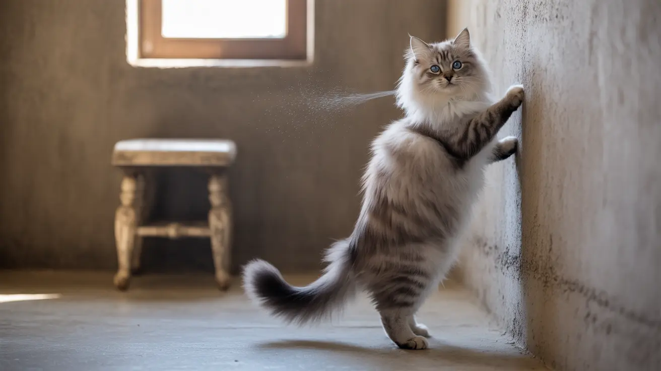 A fluffy Siberian cat standing upright against a wall, playful and alert posture