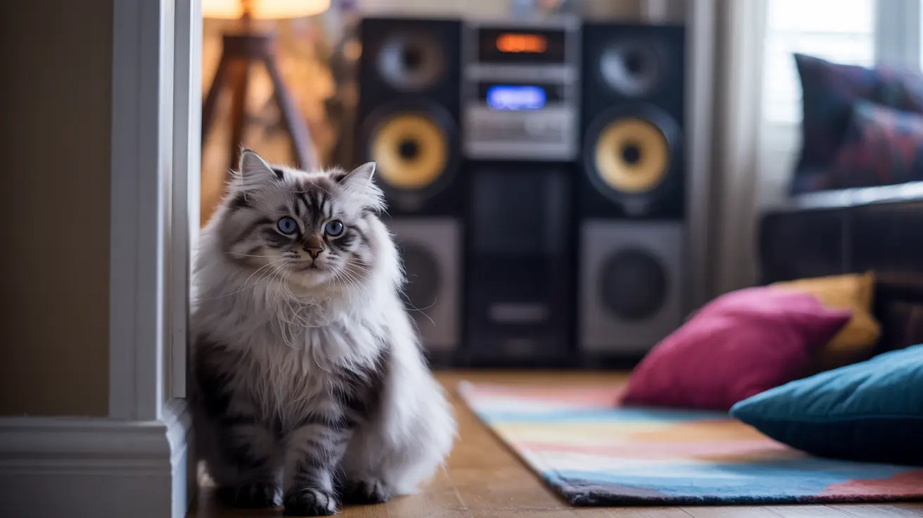 A fluffy Siberian cat sitting regally on a wooden floor near a home stereo system