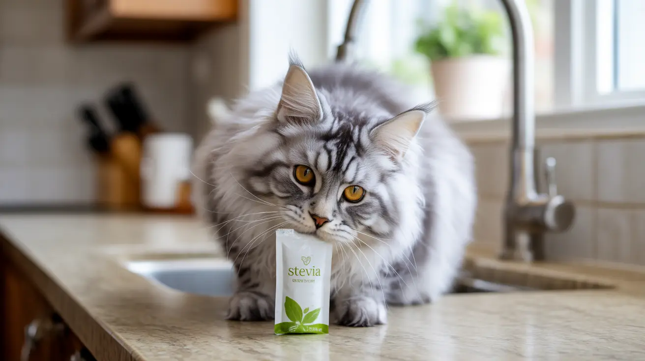 A fluffy silver and white Siberian cat sitting next to a Stevia sweetener packet on a kitchen countertop
