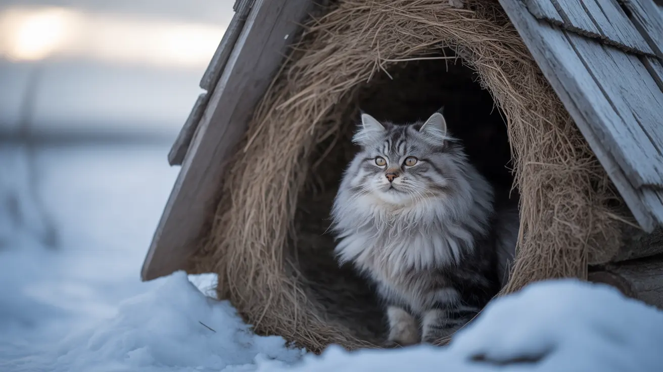 Fluffy Siberian cat inside a woven straw shelter amid snowy winter surroundings