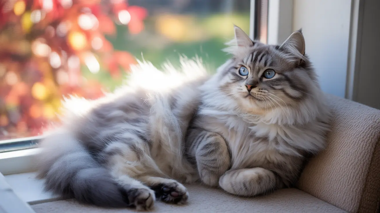 A fluffy gray and white Siberian cat lounging by a window