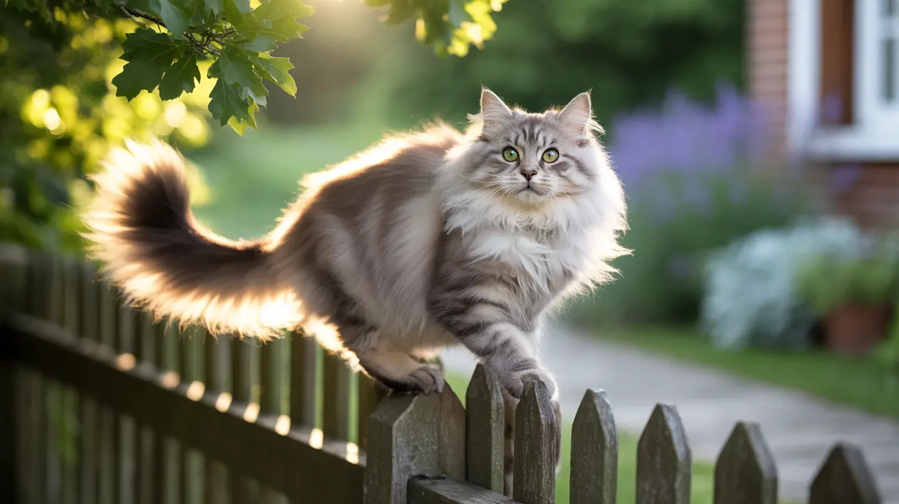 Fluffy Siberian cat perched elegantly on a wooden fence, backlit by soft sunlight