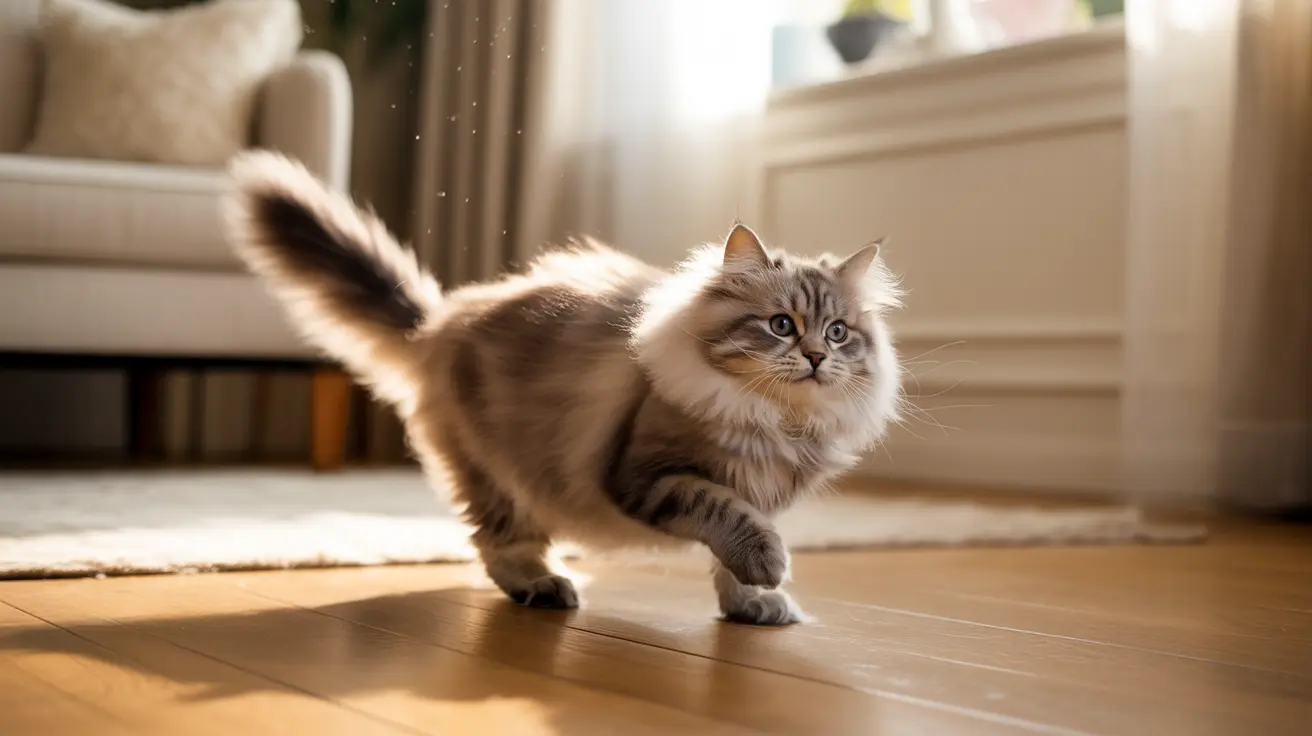 A fluffy Siberian cat walking on a sunlit wooden floor near a couch and window