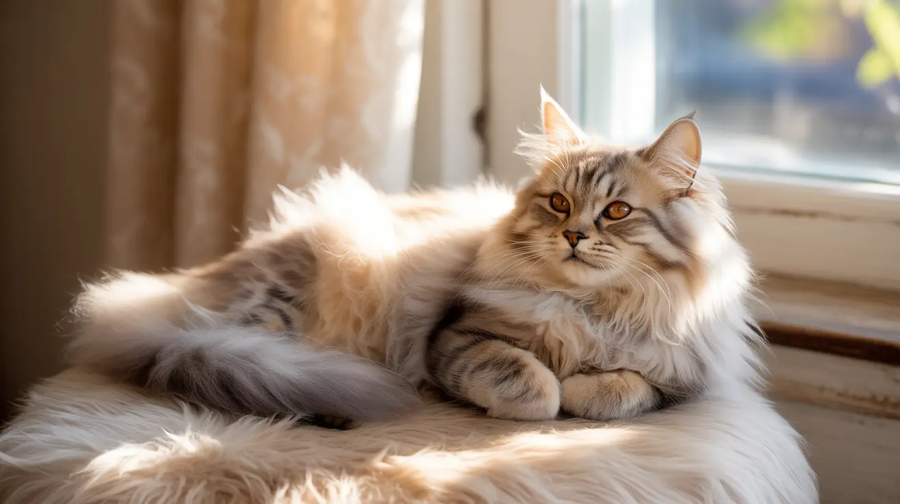 A fluffy Siberian cat lounging peacefully by a sunlit window