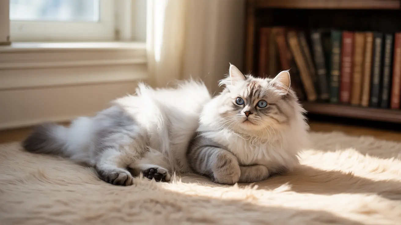 A fluffy white and gray Siberian cat lounging peacefully on a soft rug near a sunlit window