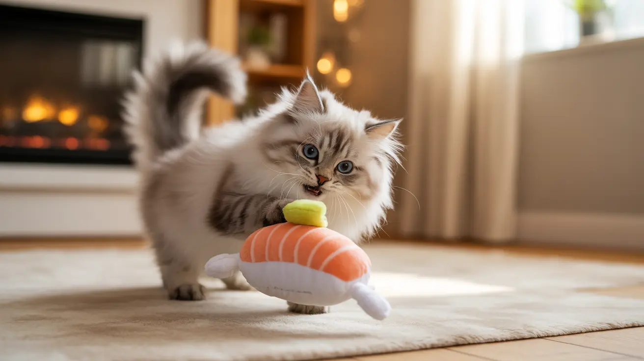ふわふわのシベリアン猫が暖炉のそばで寿司の形をしたぬいぐるみで遊んでいる様子