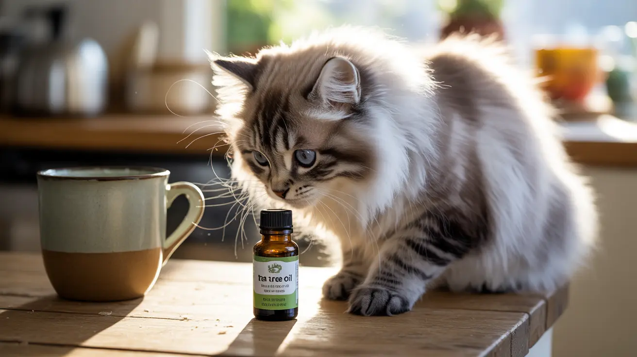 A fluffy Siberian cat examining a tea tree oil bottle on a wooden surface near a coffee mug