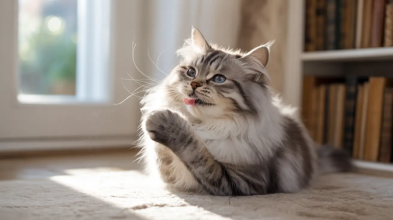 A fluffy gray and white Siberian cat sitting comfortably and playfully sticking out its tongue.