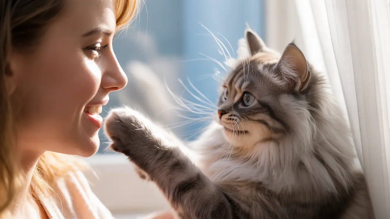 A fluffy gray and white Siberian cat gently touching a person's face near a bright window