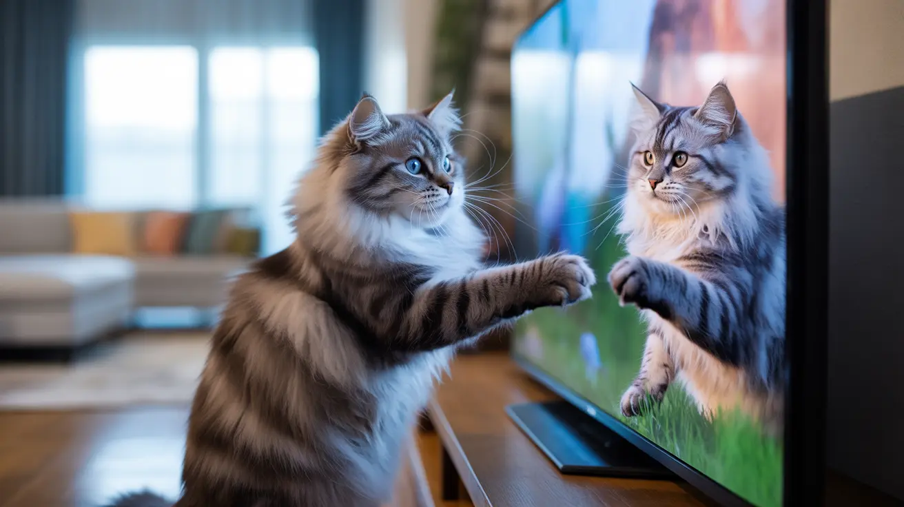 A fluffy Siberian cat interacting with its own reflection on a TV screen in a modern living room.