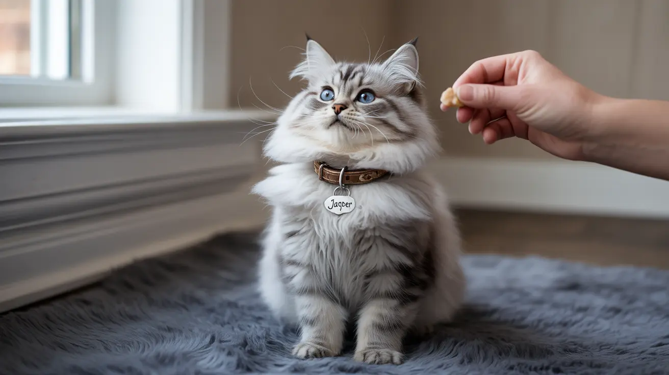 A fluffy white and gray Siberian cat with blue eyes sitting on a soft gray rug, looking attentively at a treat being offered by a hand