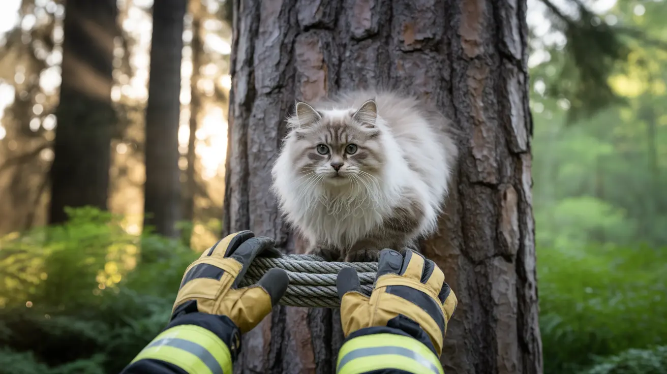 A fluffy white Siberian cat perched on a rope between tree trunks with protective gloved hands nearby