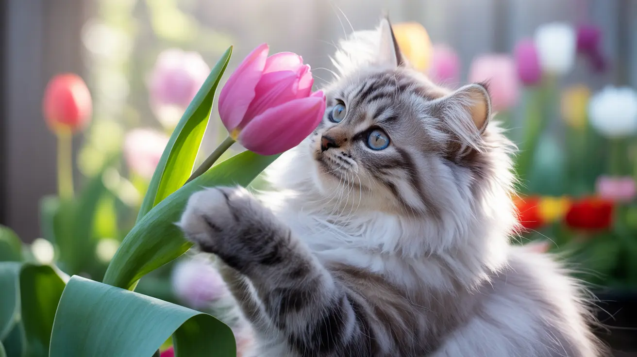 A fluffy Siberian cat touching a pink tulip with its paw