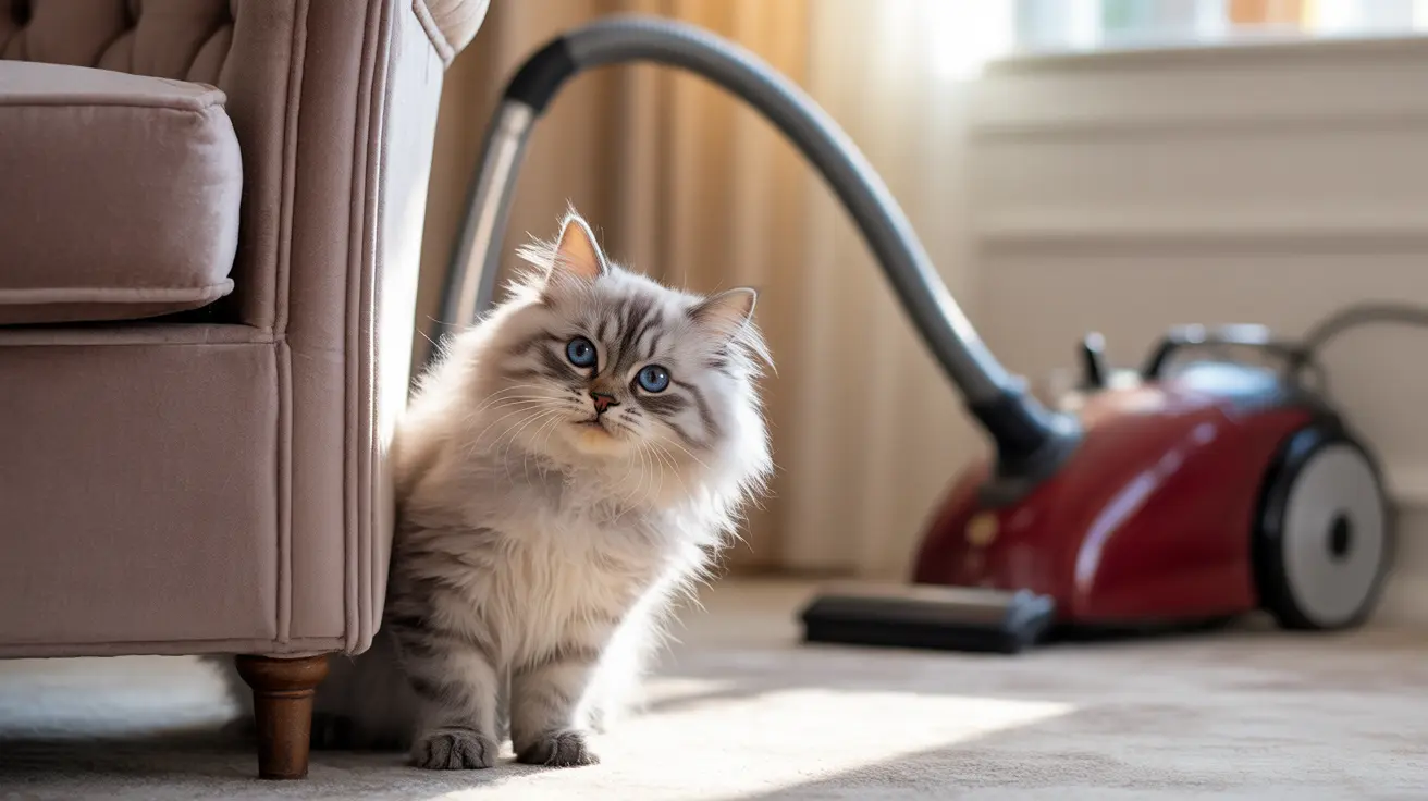 A fluffy Siberian cat sitting next to a vacuum cleaner in a living room