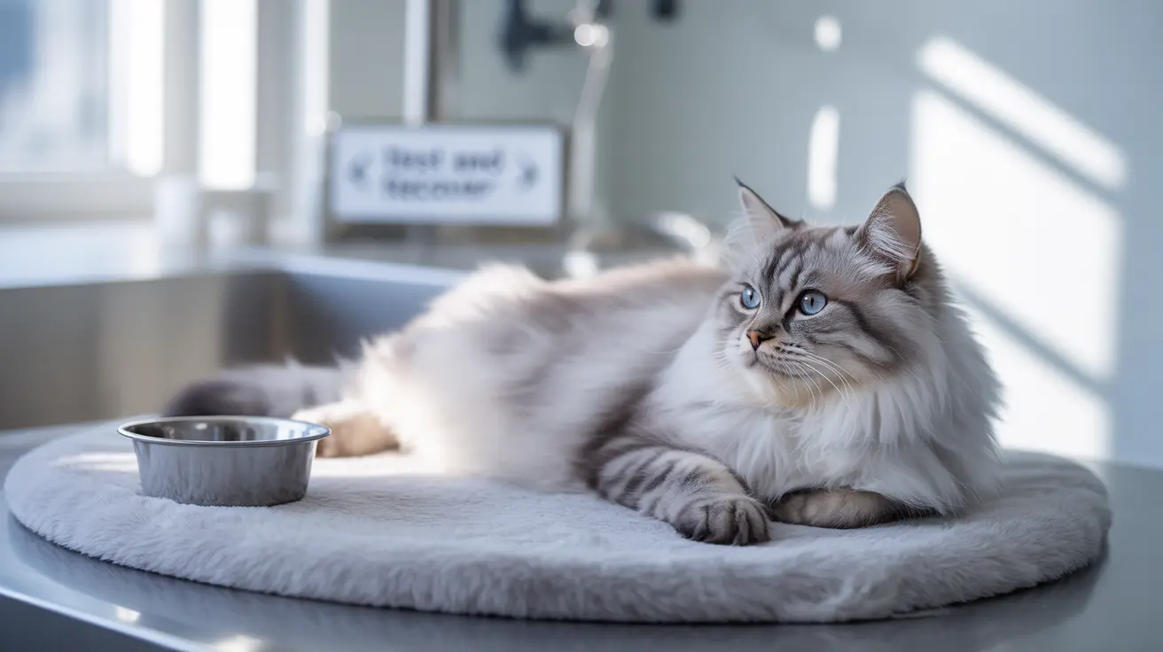 A fluffy white and gray Siberian cat resting on a soft gray cushion in a veterinary clinic setting