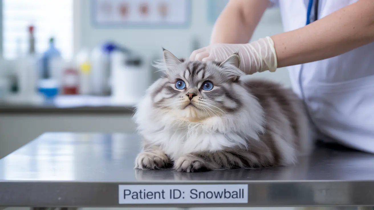 A fluffy white and gray Siberian cat with bright blue eyes sitting on a veterinary examination table