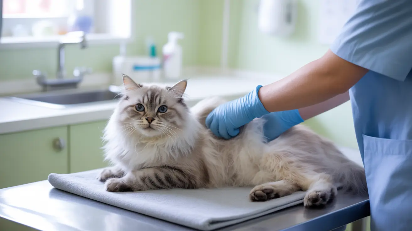 A fluffy white and gray Siberian cat receiving medical examination