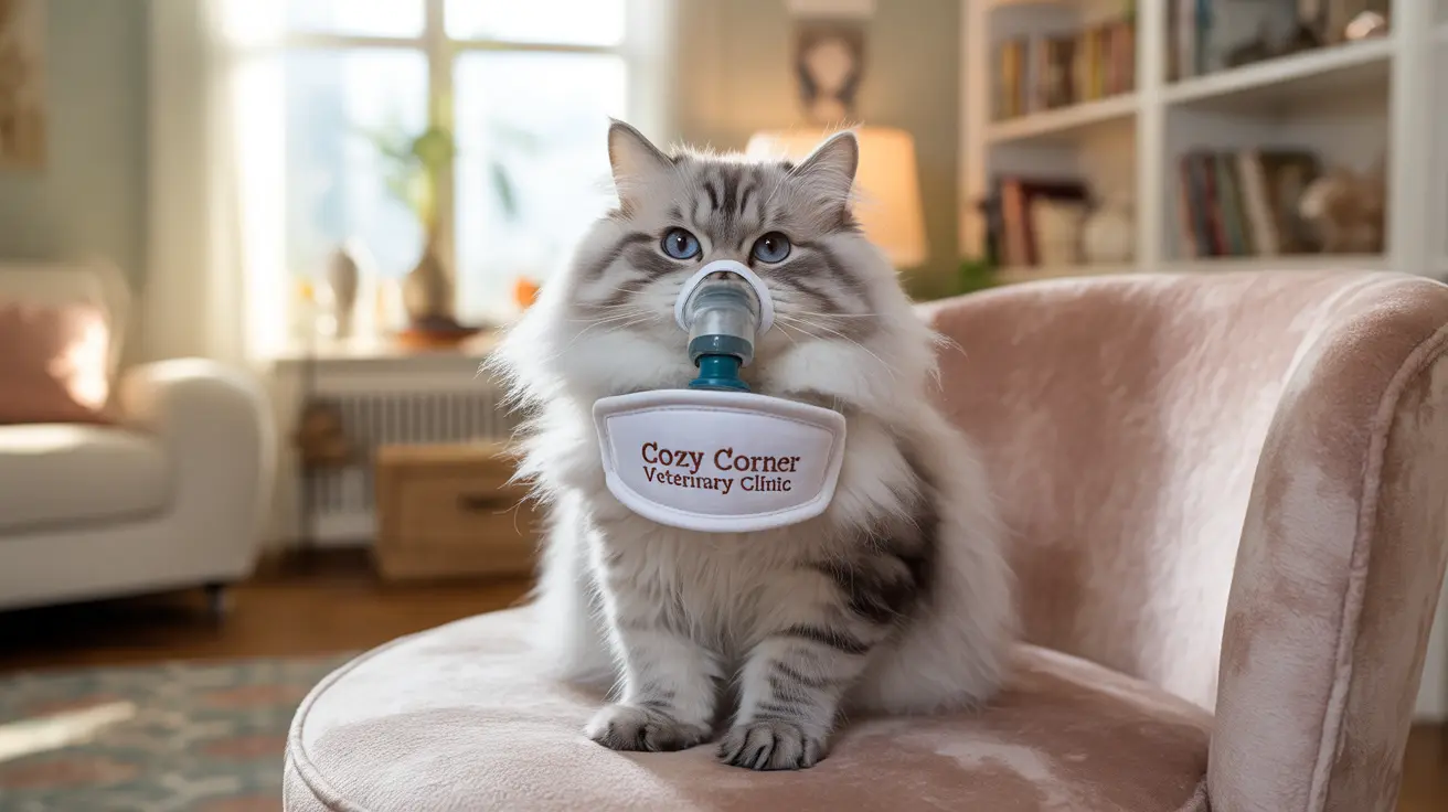 Fluffy white and gray Siberian cat sitting on pink armchair wearing Cozy Corner Veterinary Clinic sign and medical nebulizer mask