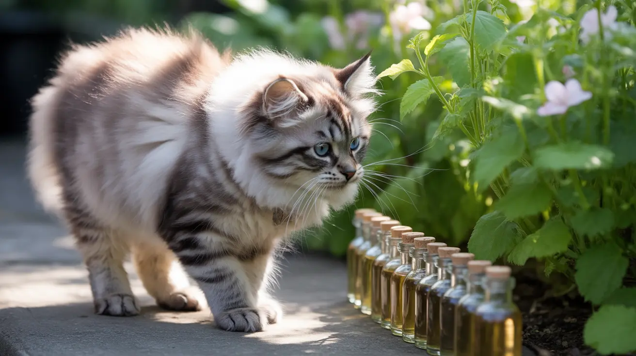 A fluffy Siberian cat sitting near a row of small glass bottles in a garden setting