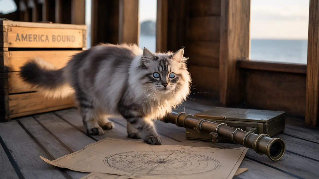 A fluffy Siberian cat standing near a vintage telescope and nautical map in a wooden interior with ocean view