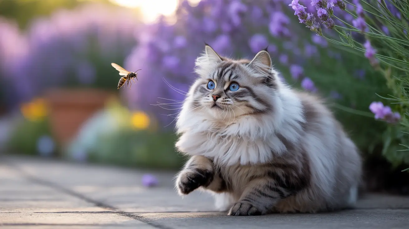 A fluffy white and gray Siberian cat on a stone surface with a bee flying nearby surrounded by lavender flowers