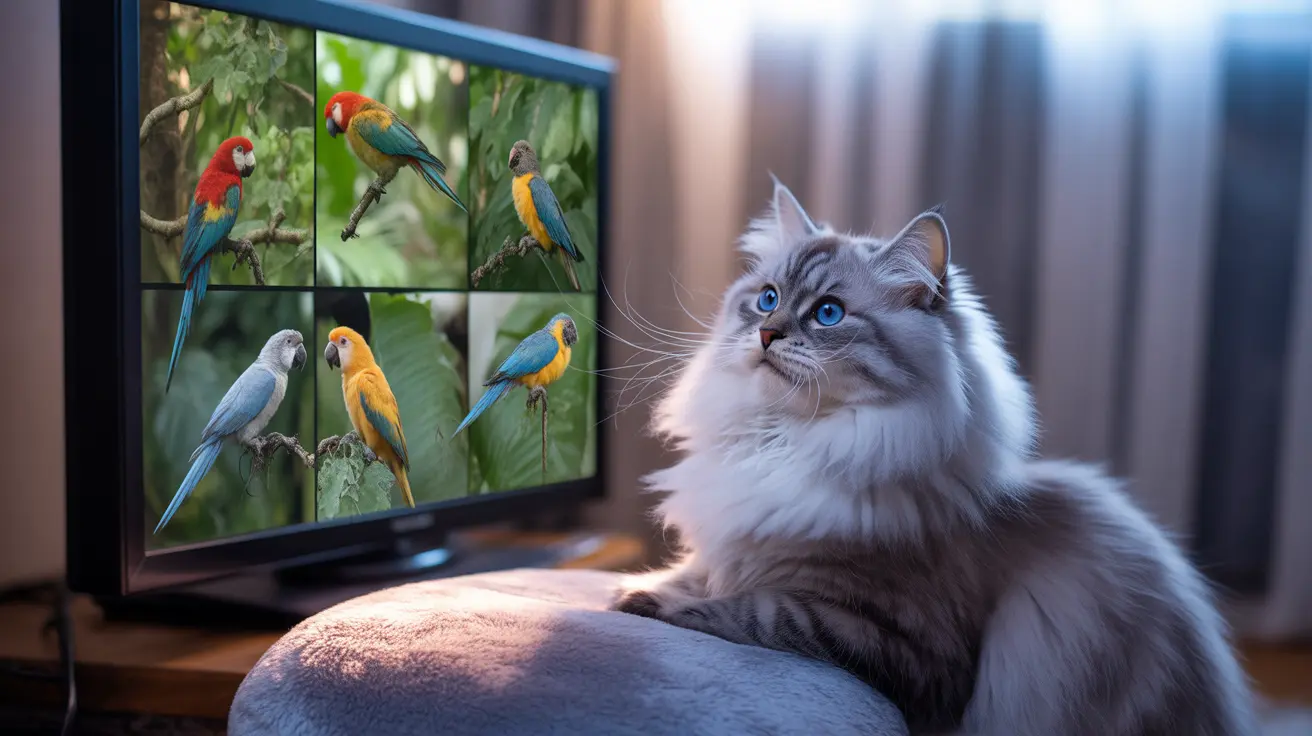 A fluffy Siberian cat sitting near a monitor displaying colorful parrots