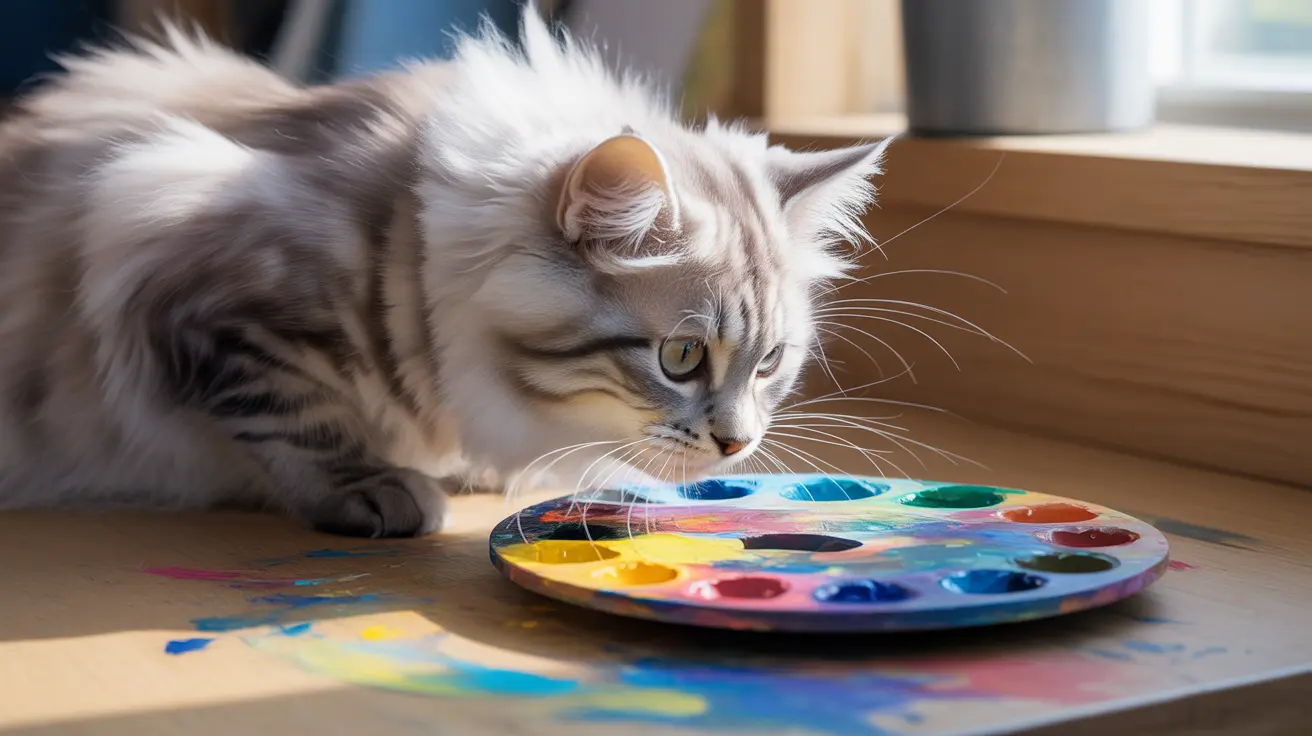 A fluffy white and gray Siberian cat investigating a colorful watercolor paint palette on a wooden surface near a window.