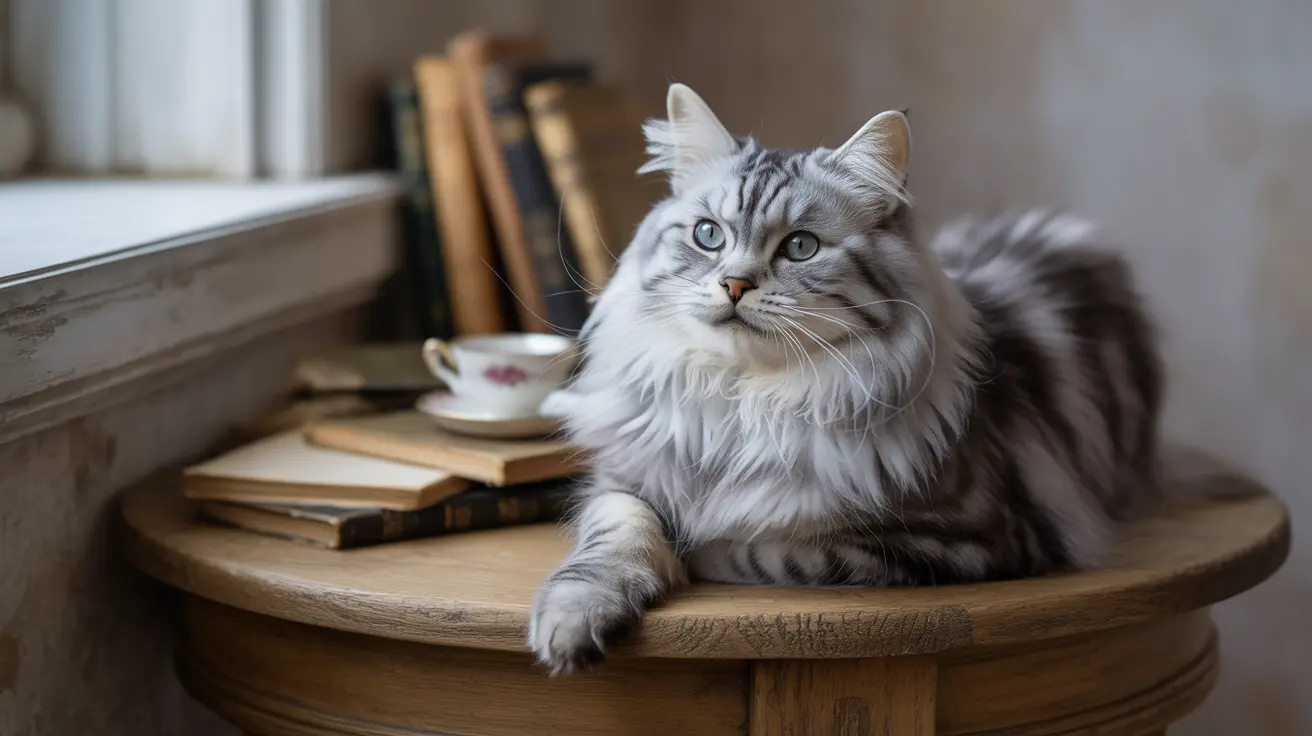 A fluffy silver and white Siberian cat sitting elegantly on a wooden round table near a window