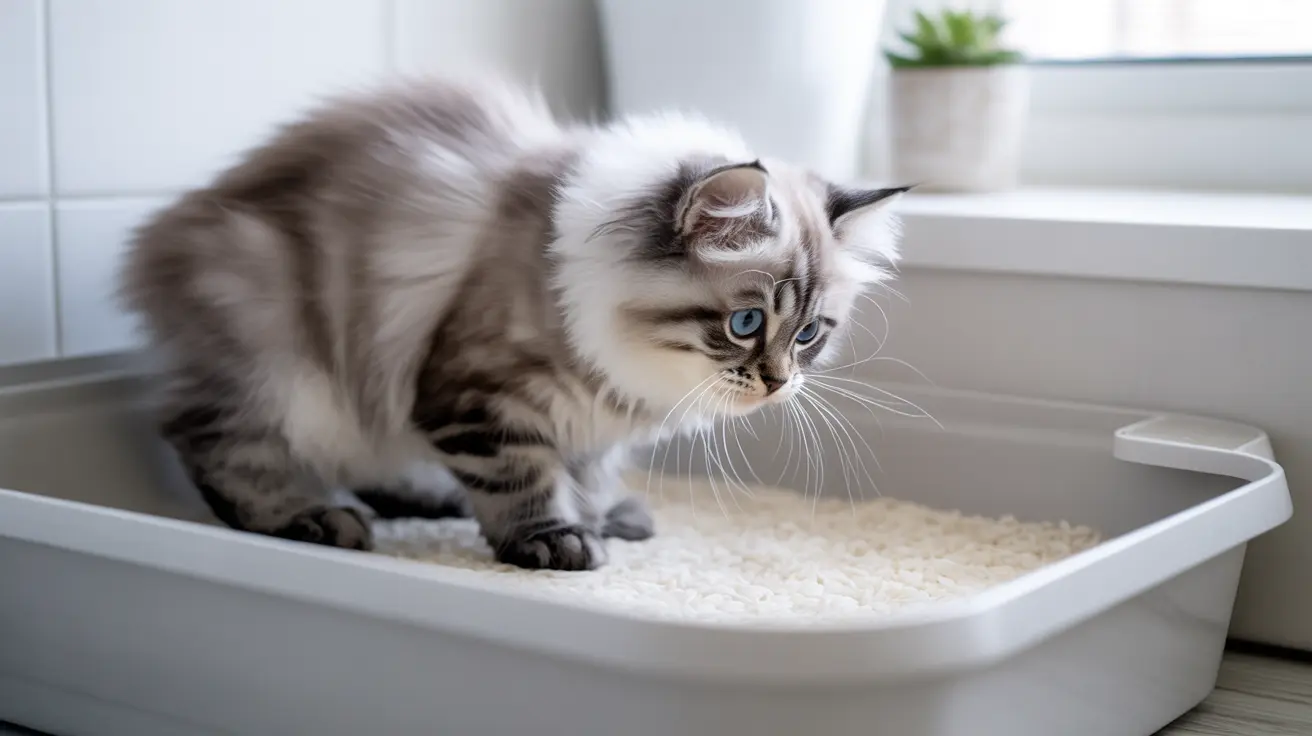 A fluffy Siberian cat sitting in a clean white litter box near a window