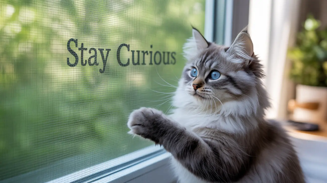A fluffy gray and white Siberian cat with striking blue eyes sitting by a window with 'Stay Curious' overlay