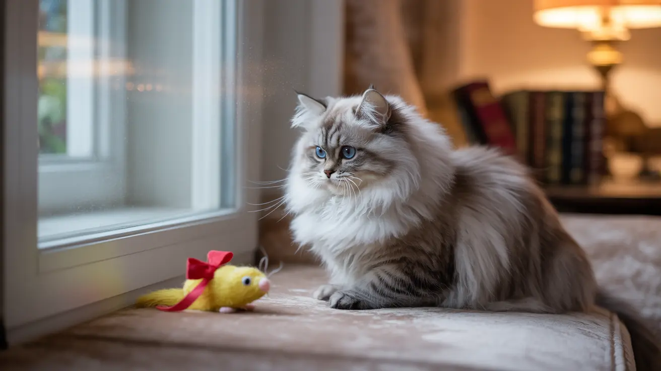 A fluffy white and gray Siberian cat sitting near a window with a yellow toy bird