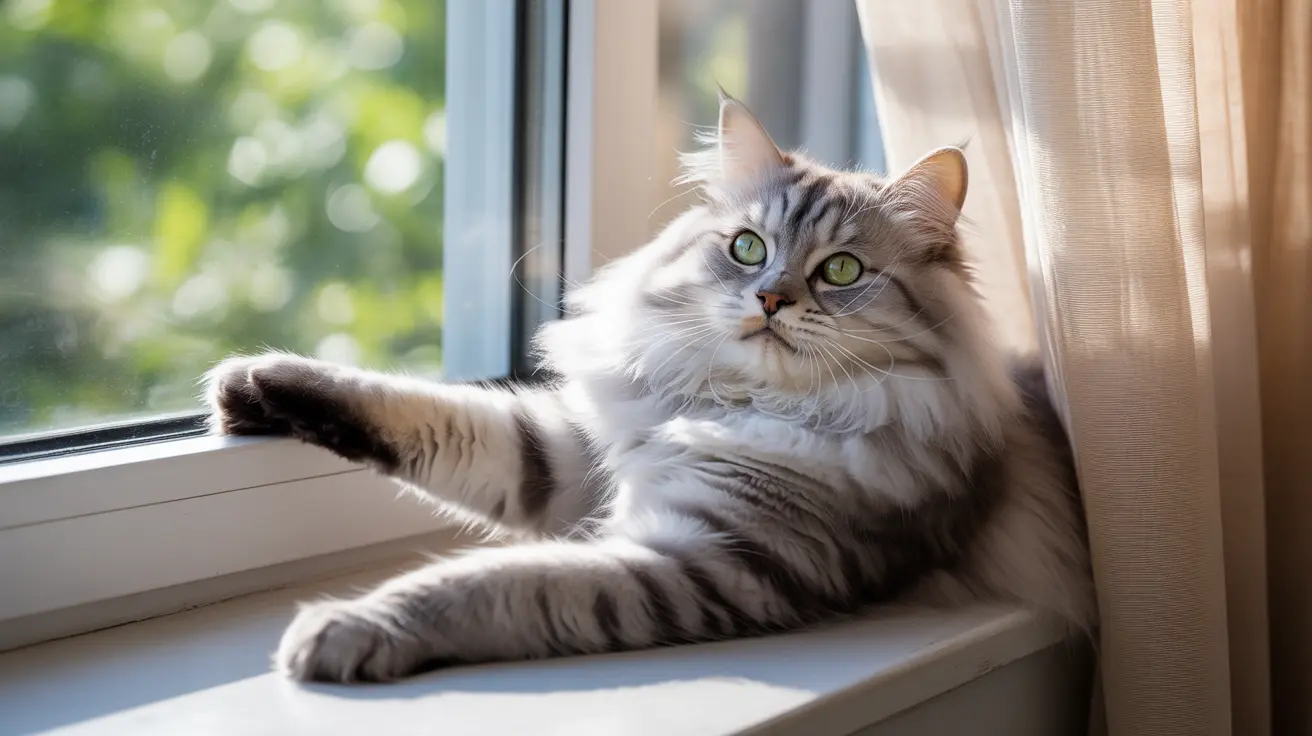 Fluffy white and gray Siberian cat lounging comfortably on a windowsill in soft natural light