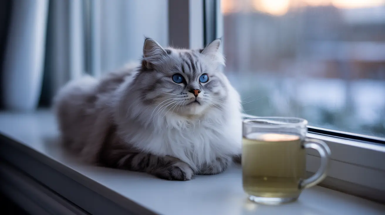 A fluffy white and gray Siberian cat sitting peacefully on a windowsill next to a cup of tea
