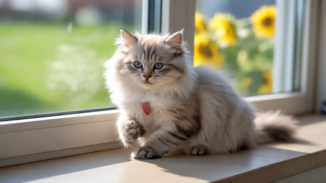 Un gato siberiano esponjoso sentado serenamente en un alféizar con girasoles al fondo