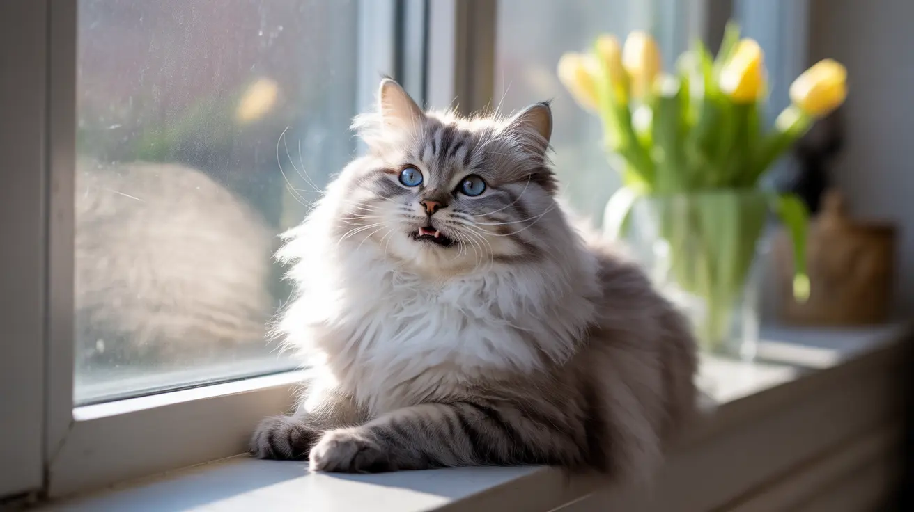 A fluffy white and gray Siberian cat sitting on a windowsill with yellow tulips in the background
