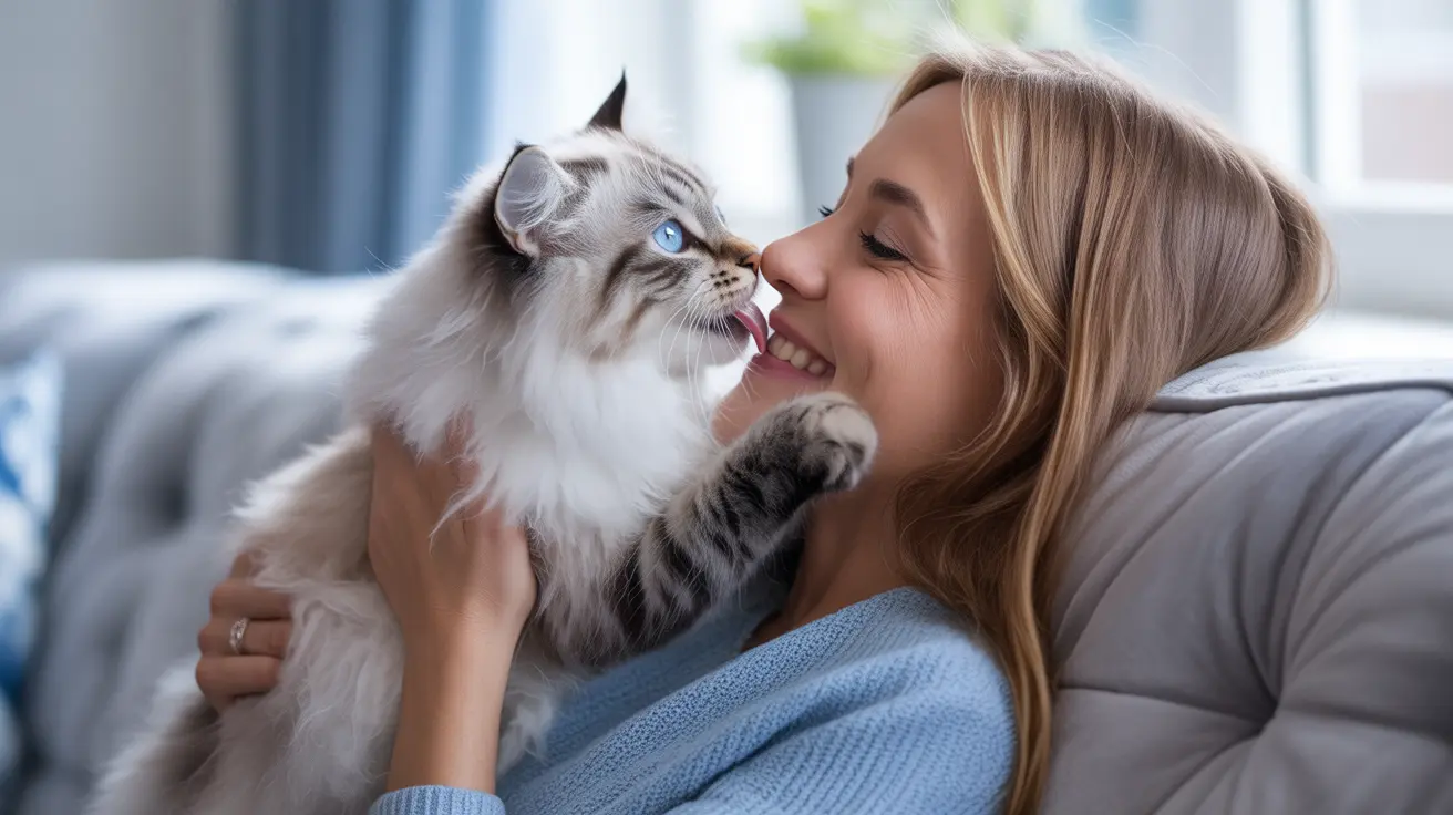 A white and gray Siberian cat affectionately touching noses with a smiling woman on a cozy couch
