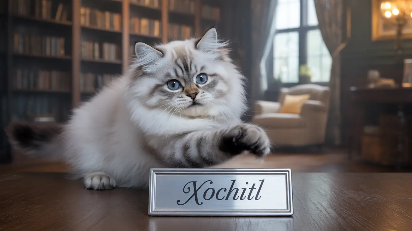 A fluffy white Siberian cat with blue eyes sitting regally next to a nameplate reading 'Xochitl'
