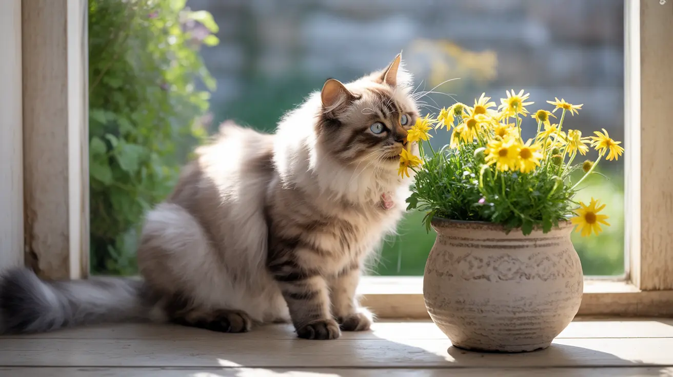ふわふわしたシベリアンキャットが窓辺に座り、明るい黄色の花が咲く鉢植えの隣にいる様子