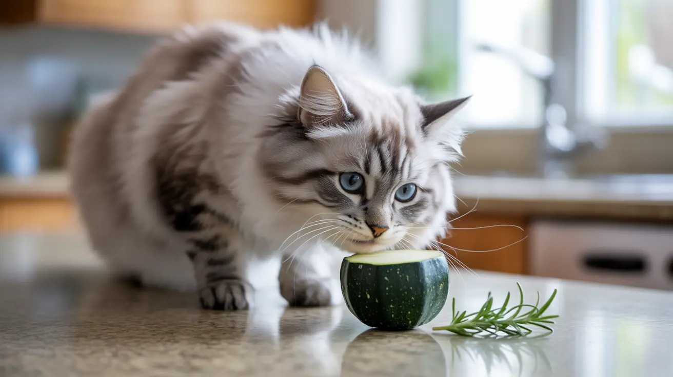 A fluffy Siberian cat curiously investigating a green zucchini on a kitchen counter