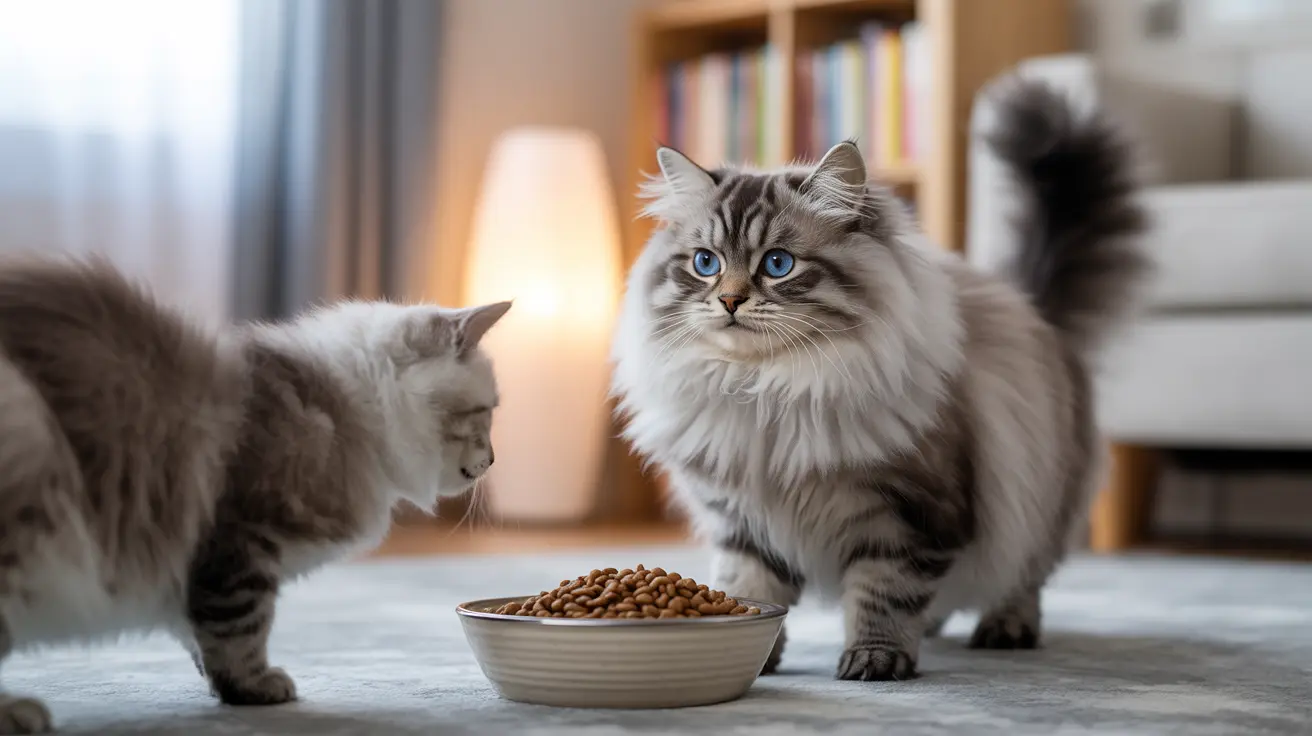 Dos gatos siberianos esponjosos junto a un cuenco de comida para gatos en una acogedora sala de estar