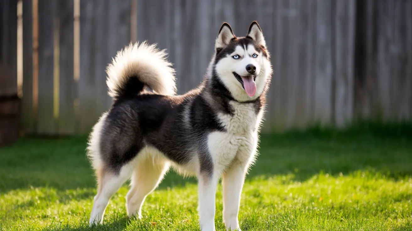 A striking Siberian Husky standing alert in a backyard with bright green grass and a wooden fence in the background