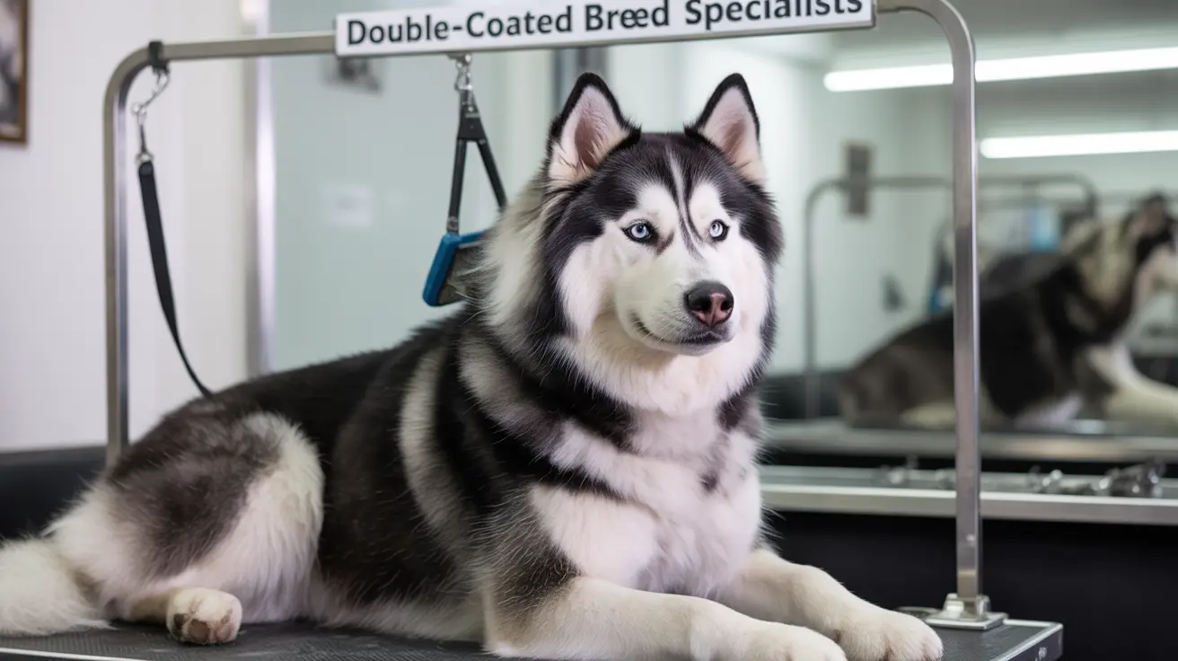 A striking Siberian Husky with blue eyes calmly sitting on a grooming table in a professional pet salon