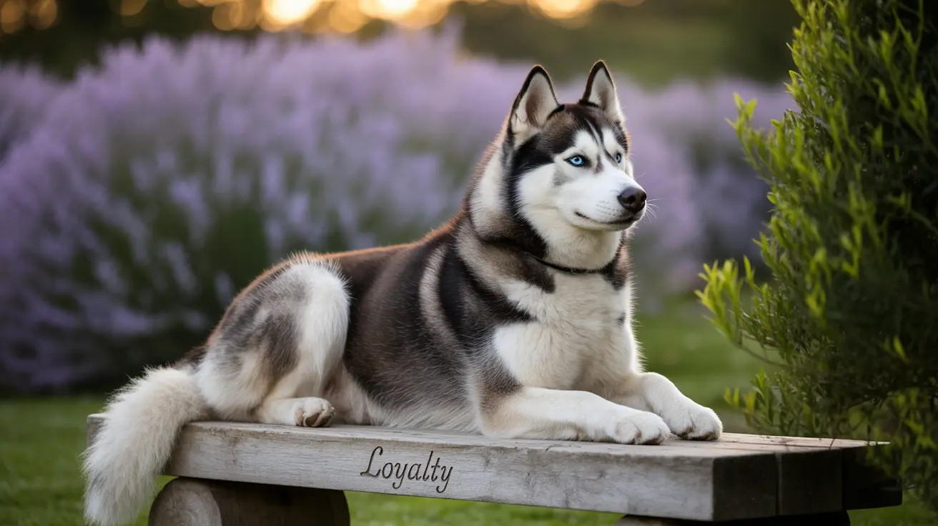 A majestic Siberian Husky with striking blue eyes sitting on a wooden bench with 'Loyalty' engraved surrounded by lavender fields and greenery