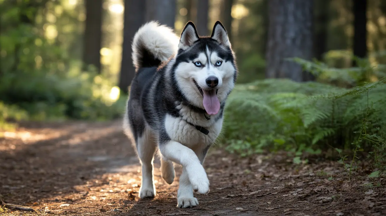 A Siberian Husky walking confidently on a forest trail with bright blue eyes and a happy expression.