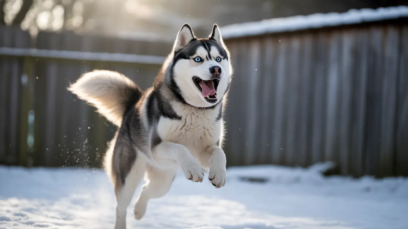 Siberian Husky mid-jump in a snowy backyard with sunlight highlighting its fur