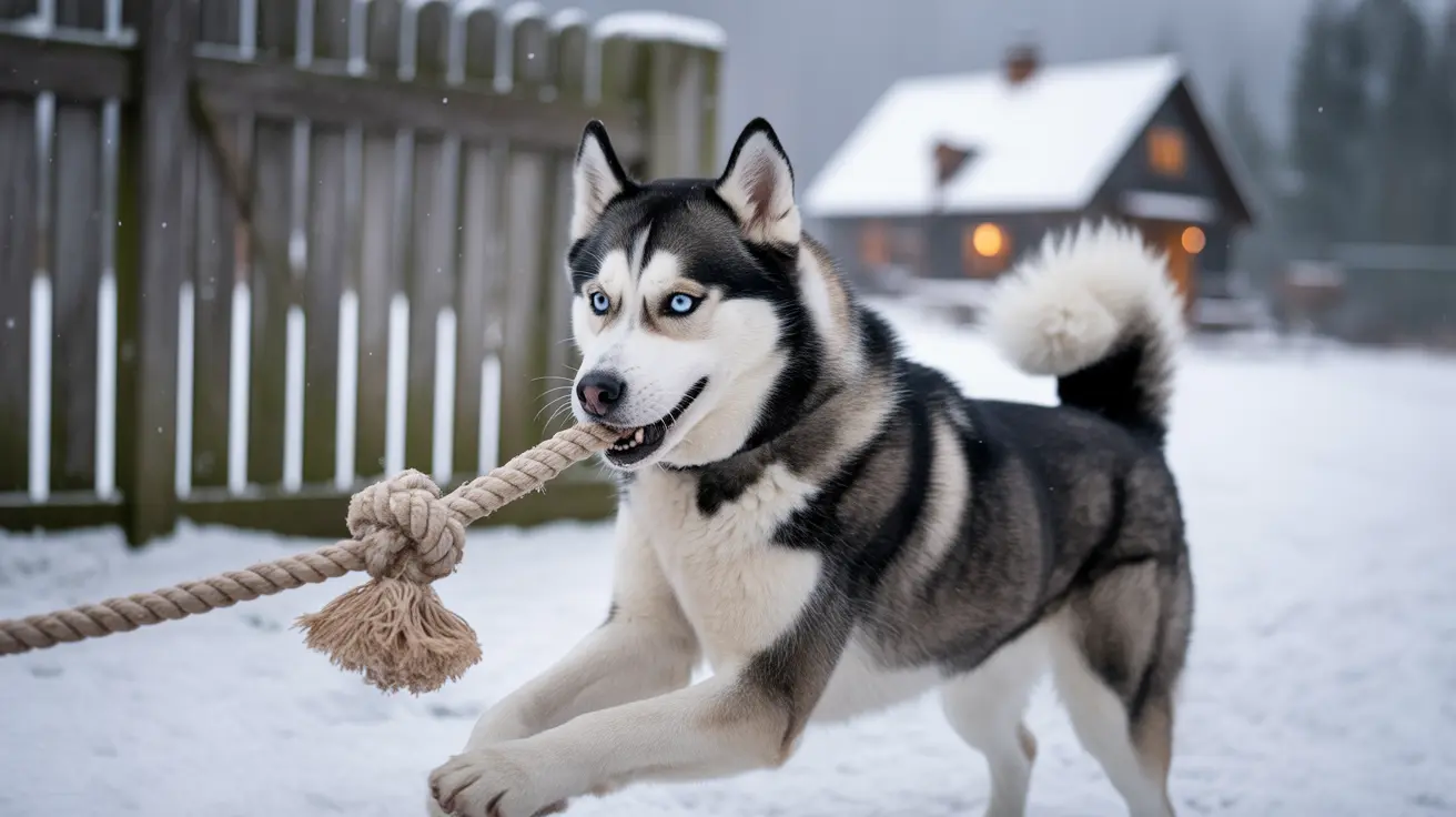 A Siberian Husky with striking blue eyes playing tug-of-war with a rope toy in a snowy backyard