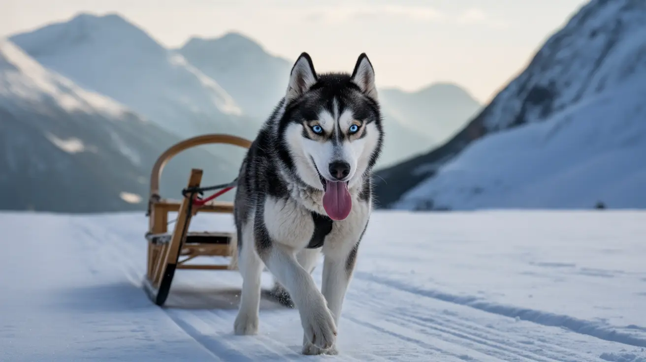 Siberian Husky with blue eyes pulling a wooden sled over snow-covered terrain surrounded by mountains