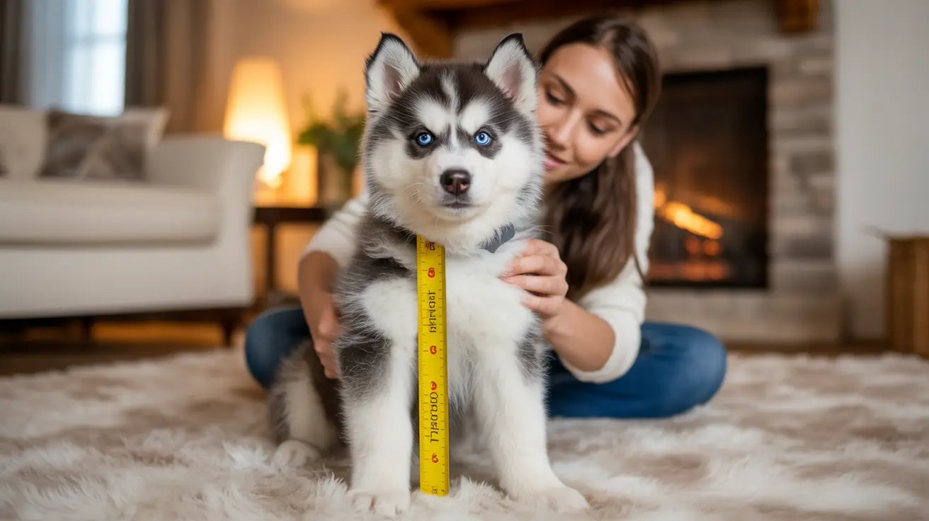 A young Siberian Husky puppy being measured with a yellow measuring tape on a soft rug in a cozy living room.
